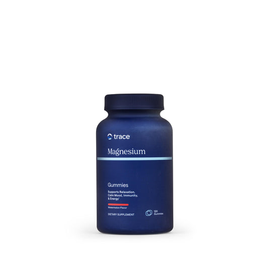 Trace Minerals envase frontal de gominolas de magnesio mostrando cantidad y sabor