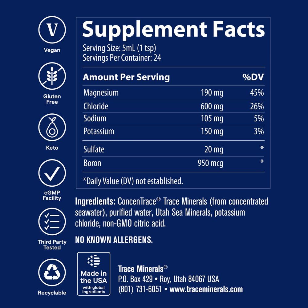 Trace Minerals gota cayendo en un vaso para mezcla fácil y empleo diario