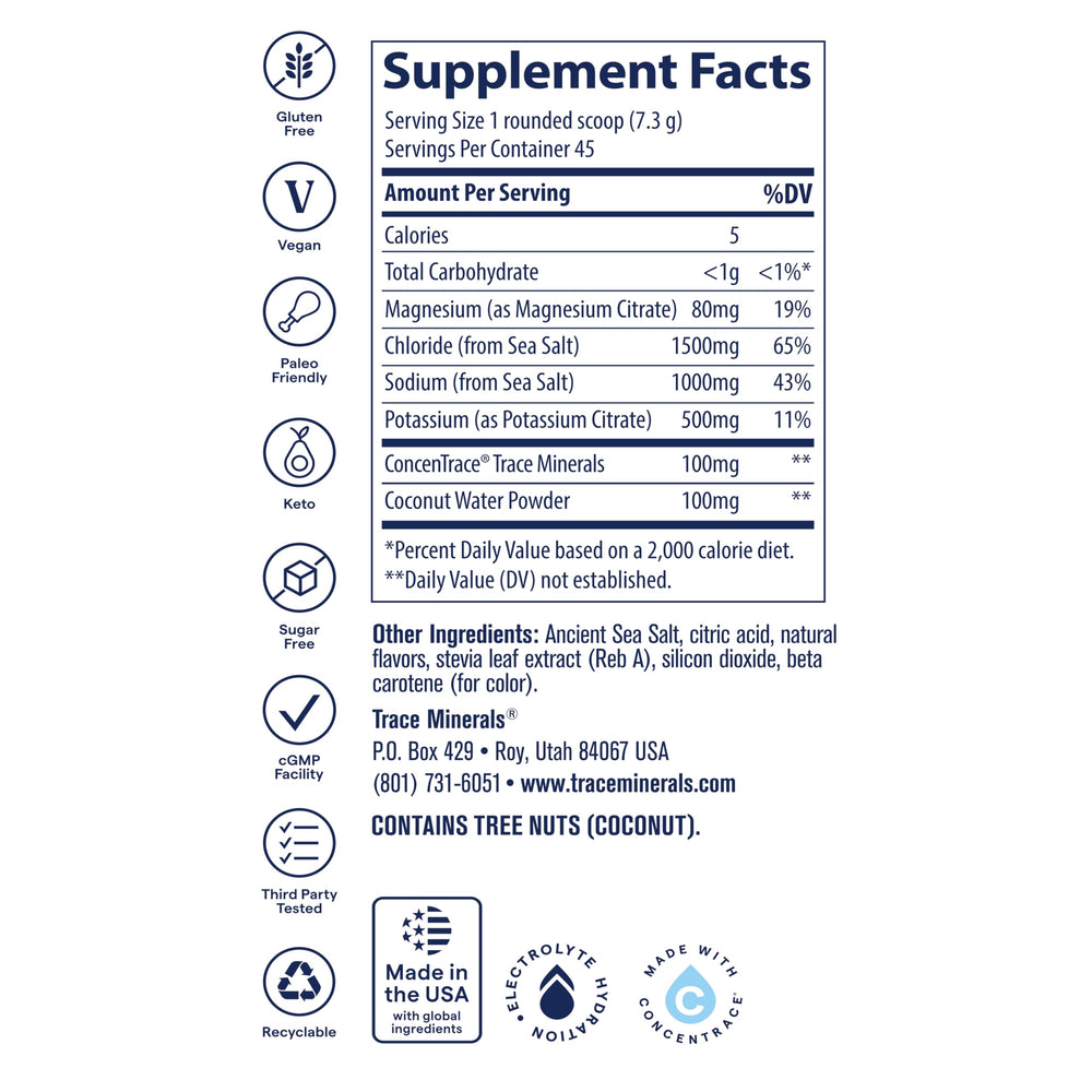 Botella reutilizable con ZeroLyte Salty Mango de Trace Minerals mezclado, hidratación rápida