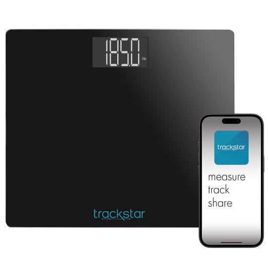 Trackstar vista frontal del paquete mostrando la báscula y beneficio de diseño práctico