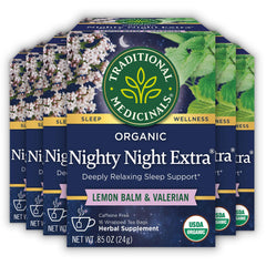 Traditional Medicinals frente del empaque mostrando 96 bolsitas y beneficios orgánicos