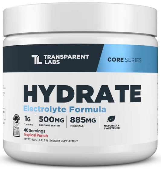 Hydrate de Transparent Labs, polvo hidratante sabor tropical para mantener la hidratación durante entrenamientos