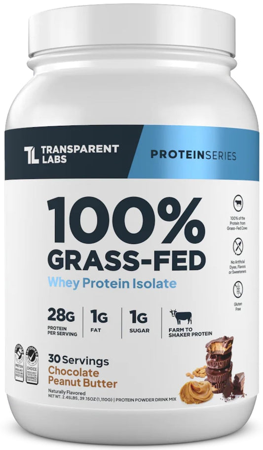 Transparent Labs Whey Protein Isolate Chocolate Peanut Butter jar; clean protein for post-workout recovery.