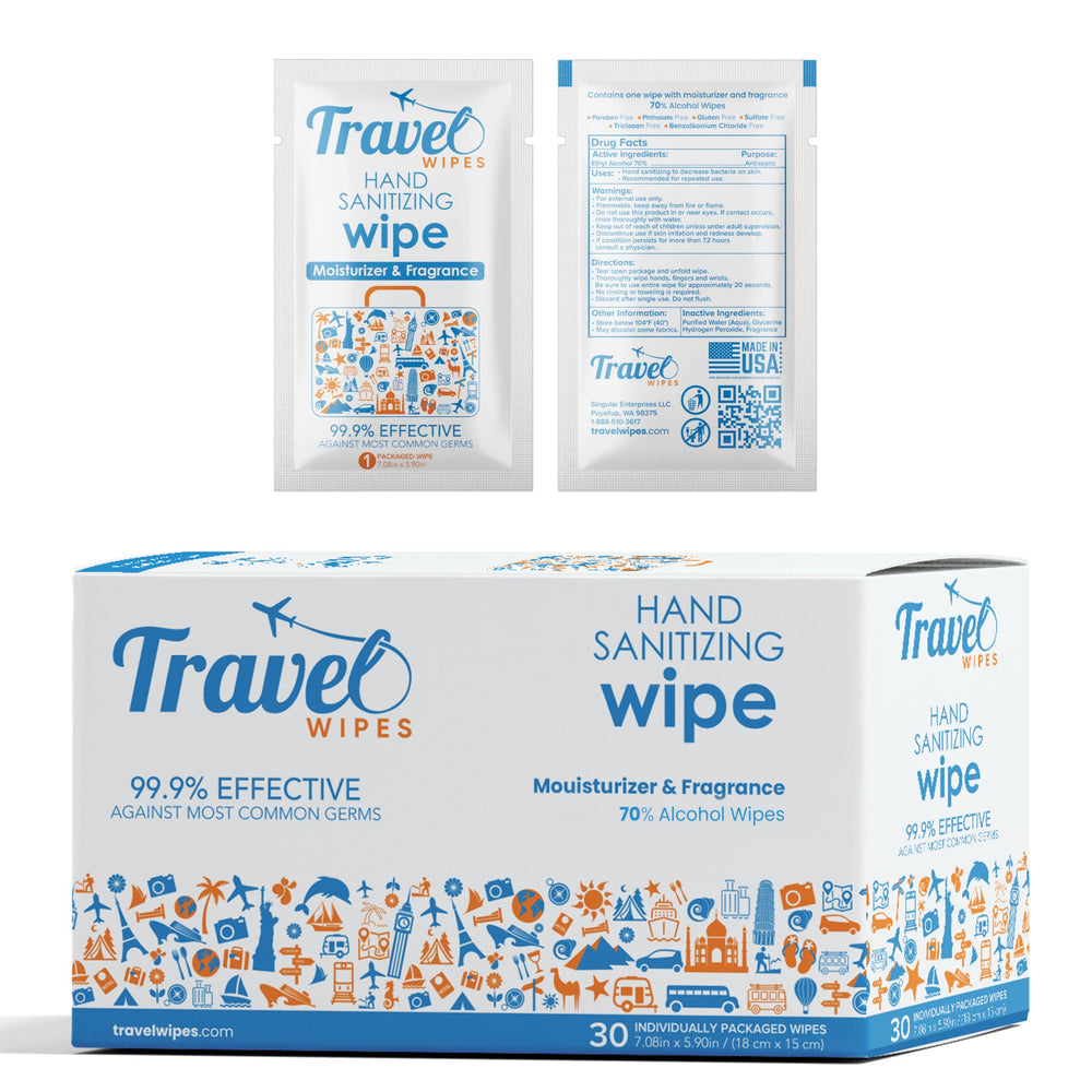 Travel Wipes frente del empaque mostrando 30 unidades, transporte fácil