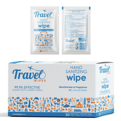 Travel Wipes frente del empaque mostrando 30 unidades, transporte fácil