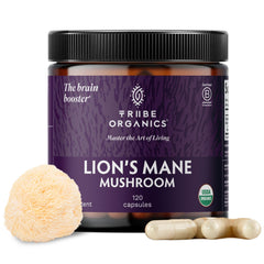 TRIBE ORGANICS envase frontal mostrando 120 cápsulas y beneficios clave