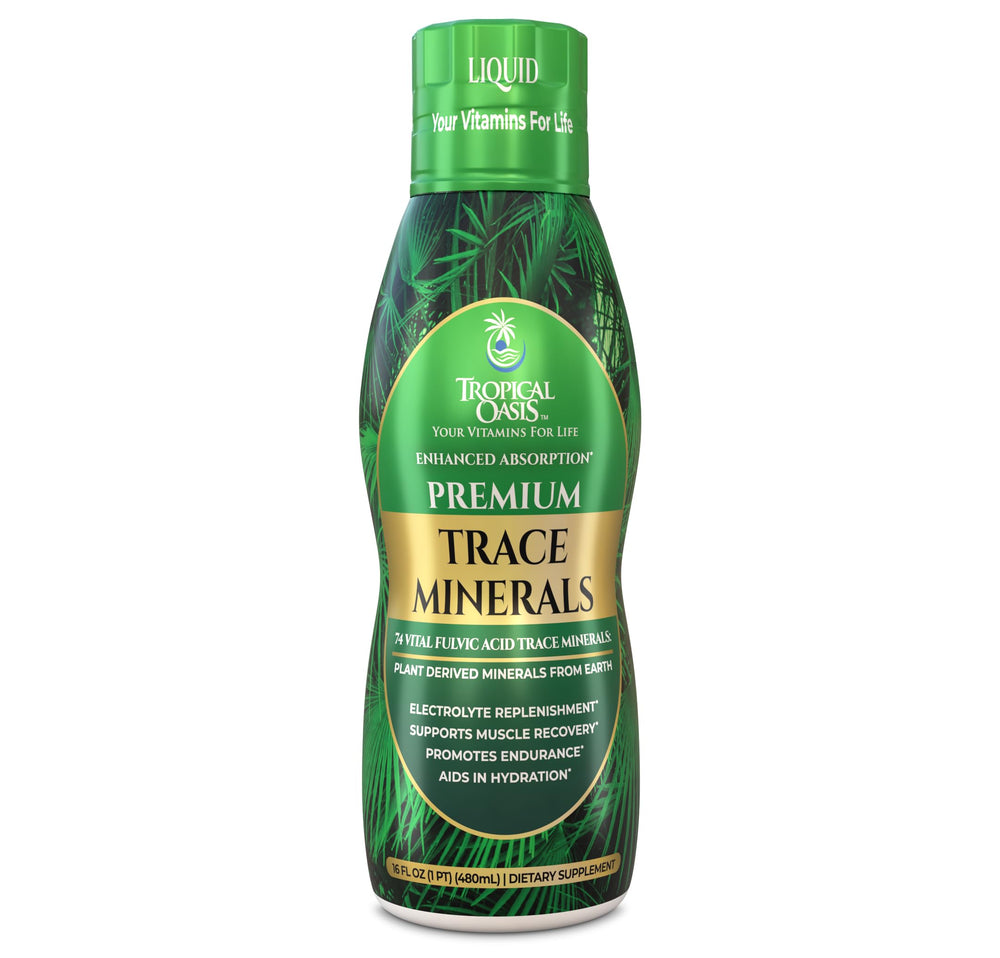 Tropical Oasis frasco frontal mostrando etiqueta clara y tamaño 16 oz beneficio de calidad