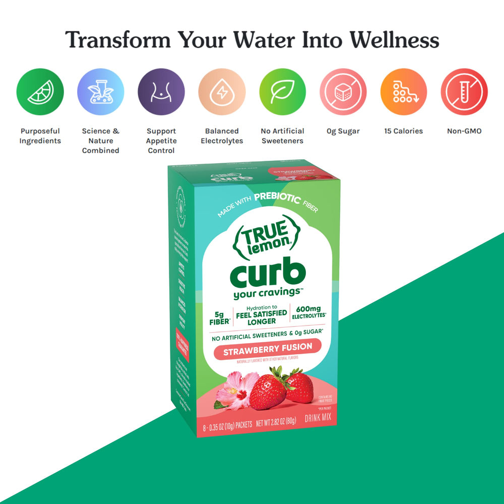 True Lemon producto en mesa de desayuno junto a fruta y botella deportiva