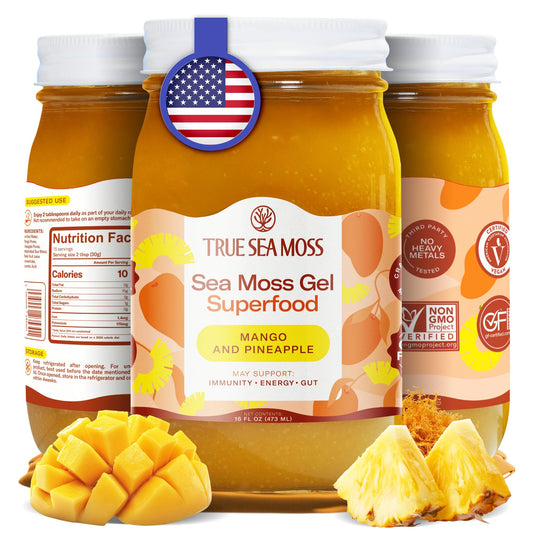 Gel TrueSeaMoss mango-pina en bote, sabor natural y suave para batidos