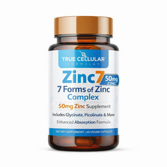 True Cellular Formulas Zinc7 paquete frontal mostrando diseño y beneficio de absorción