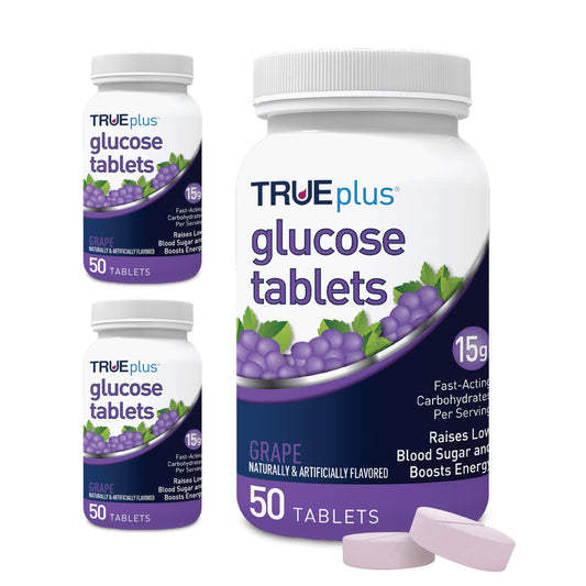 TRUEplus envase frontal pack de 3 botellas mostrando etiqueta y sabor uva, fácil identificación