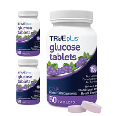 TRUEplus envase frontal pack de 3 botellas mostrando etiqueta y sabor uva, fácil identificación
