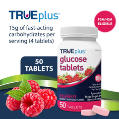 TRUEplus tabletas apiladas resaltando sabor frambuesa y fácil ingestión