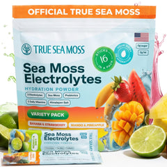 TrueSeaMoss frente del empaque mostrando la marca y beneficios visibles