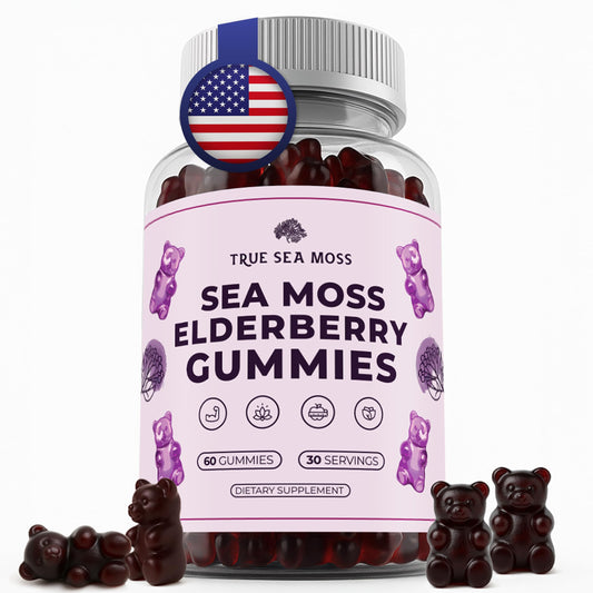 TrueSeaMoss Sea Moss Gummies bottle with elderberry showing immune-support potential.