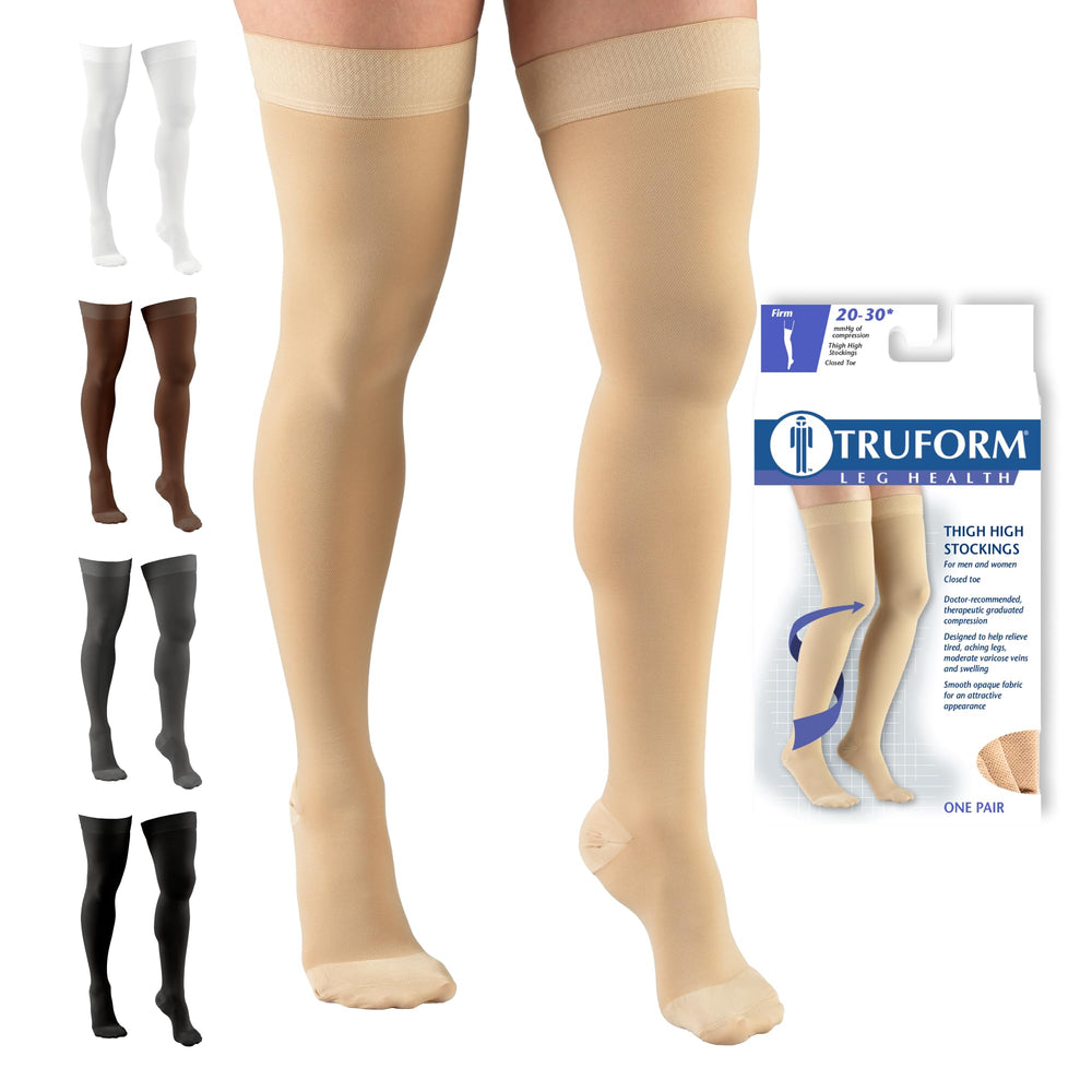 Truform vista frontal del empaque mostrando medias muslo beige y beneficio soporte