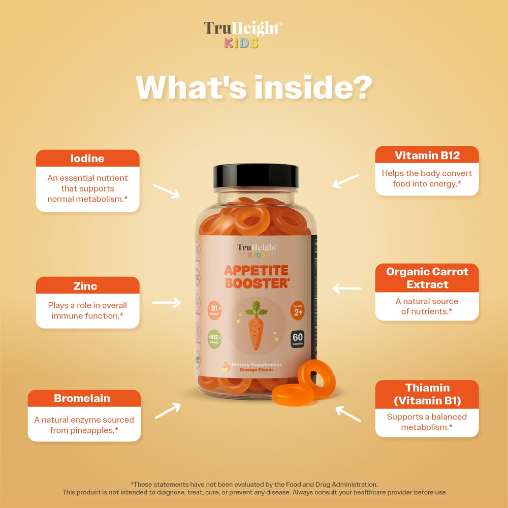 TruHeight niño tomando gomita antes de comer, ayuda a mejorar interés por las comidas