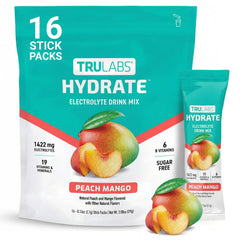 TRULABS frente del empaque mostrando sabor durazno-mango y beneficios