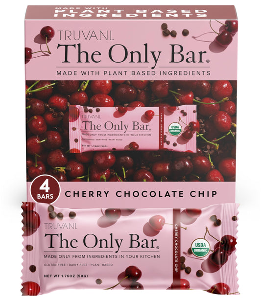 Barra Truvani envuelta individualmente, sabor cereza con chispas de chocolate, ideal para llevar y recargar energía.