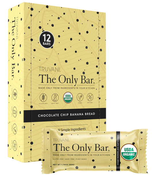 Barras Truvani basadas en planta con chispas de chocolate y pan de plátano, merienda deliciosa