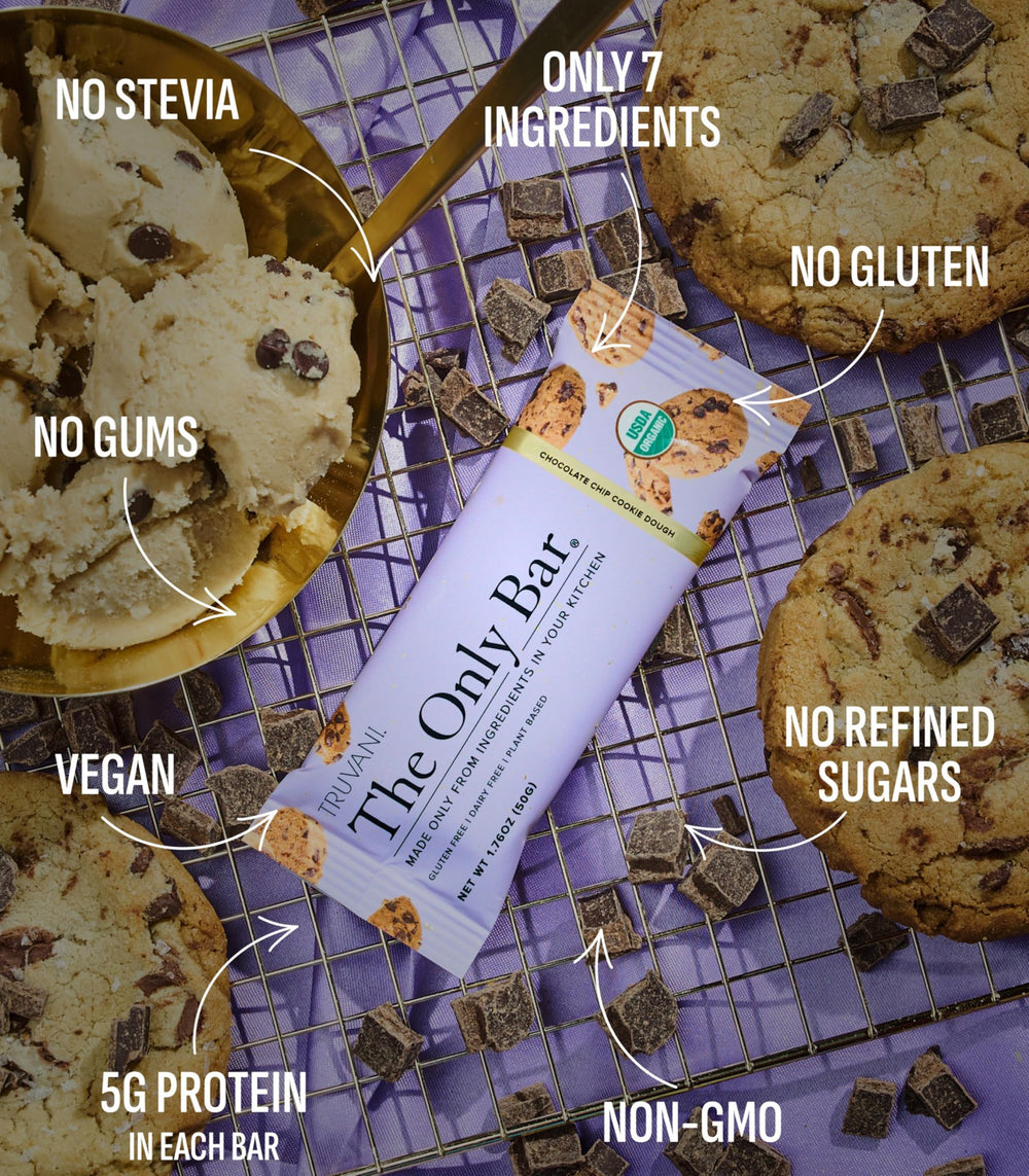 Barras Truvani basadas en plantas con chispas de chocolate, fuente de energía diaria.