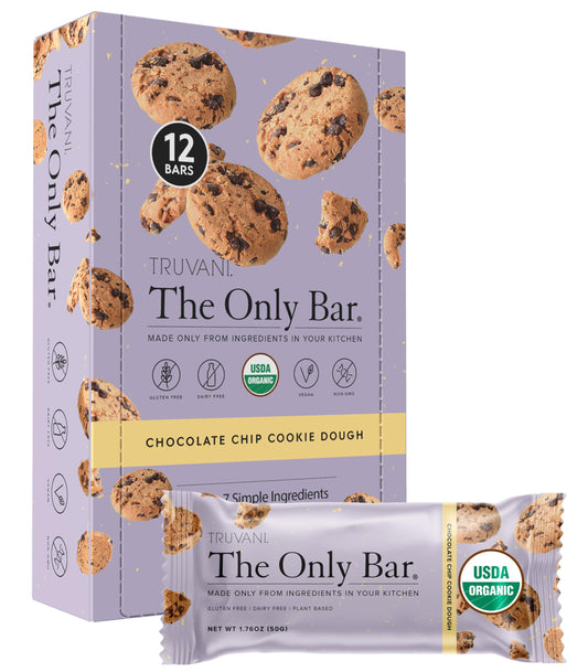 Barra de Truvani con chispas de chocolate y masa de galleta, snack delicioso y saciante.