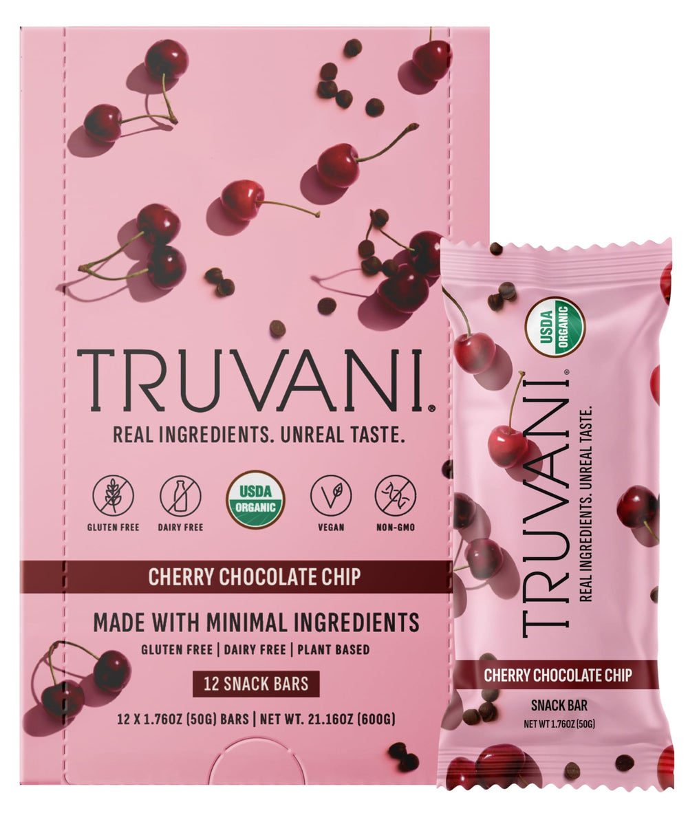 Truvani frente del empaque mostrando sabor cherry chocolate y conveniencia