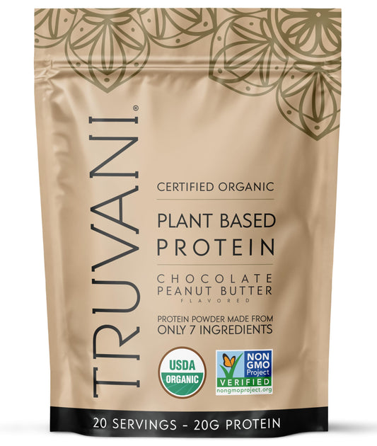 Truvani envase frontal sabor chocolate mantequilla de cacahuete, muestra limpieza y confianza
