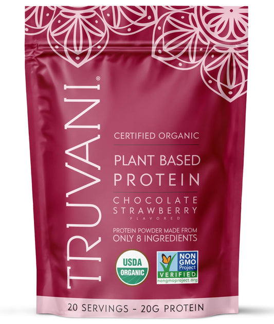Truvani envase frontal chocolate fresa mostrando sello orgánico y claridad de ingredientes