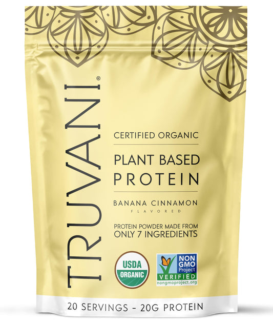 Truvani frasco frontal Banana Cinnamon, empaque claro y beneficios orgánicos