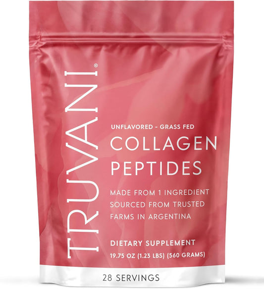 Truvani Hydrolyzed Collagen Peptides bottle shows unflavored formula for daily skin and hair support.