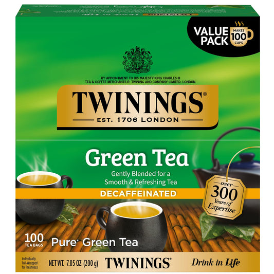 Twinings caja frontal que muestra 100 bolsitas y beneficios de frescura
