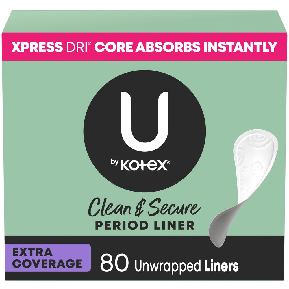 U by Kotex frente del empaque mostrando 80 protectores y beneficio portátil