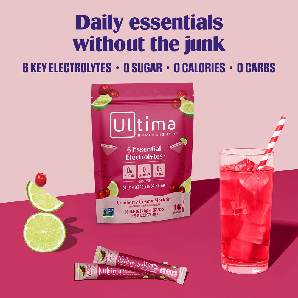 Ultima Replenisher stickpack en mano fácil de llevar y medir por porción