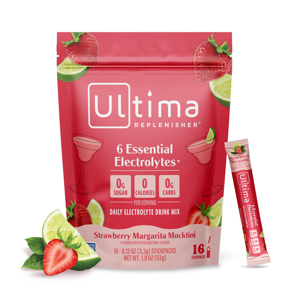 Ultima Replenisher frontal del paquete mostrando los 16 stickpacks y diseño atractivo