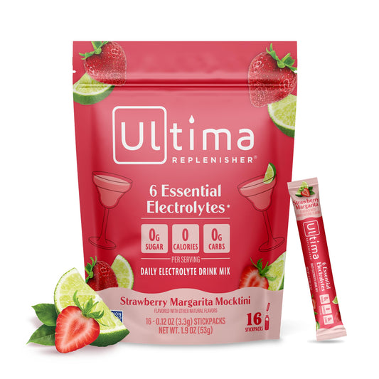 Ultima Replenisher frontal del paquete mostrando los 16 stickpacks y diseño atractivo
