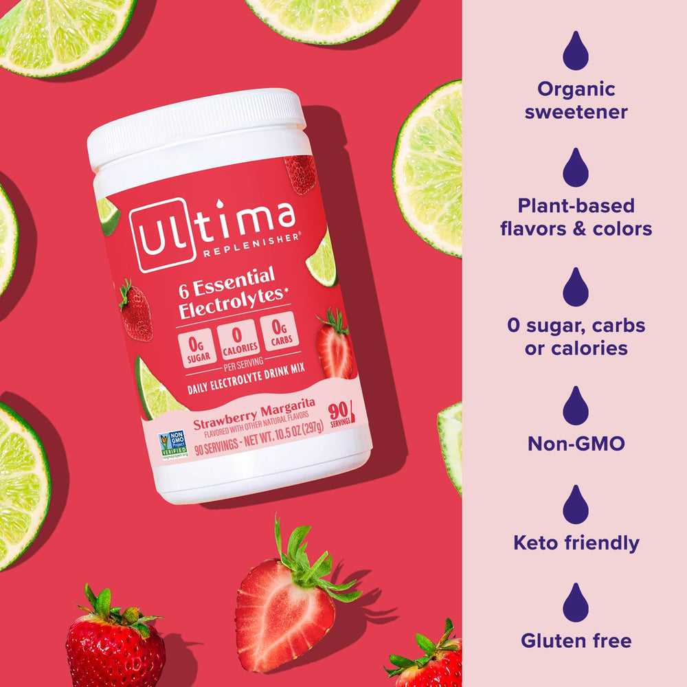 Primer plano de ingredientes naturales Ultima Replenisher sin azúcar