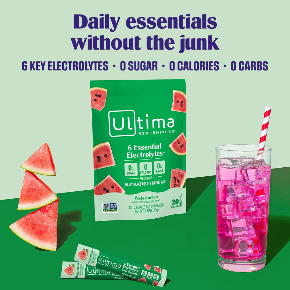Ultima Replenisher stickpack abierto con polvo listo para disolver, beneficio rapidez