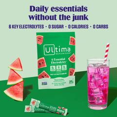 Ultima Replenisher stickpack abierto con polvo listo para disolver, beneficio rapidez