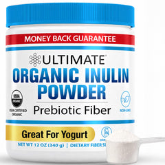 Ultimate inulina envase frontal mostrando sello orgánico y beneficio de pureza
