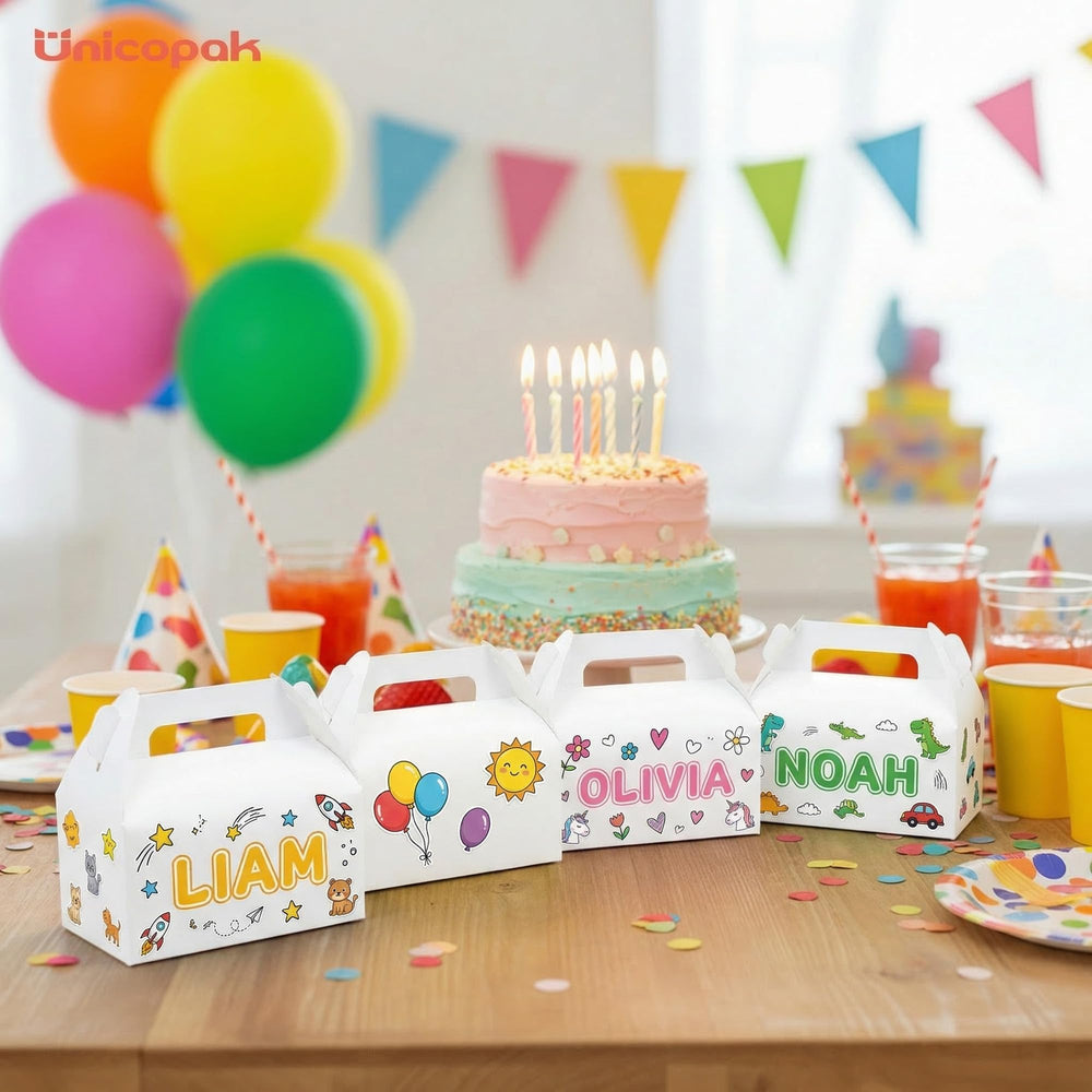 UnicoPak cajas en mesa de fiesta con dulces, mostrando uso práctico