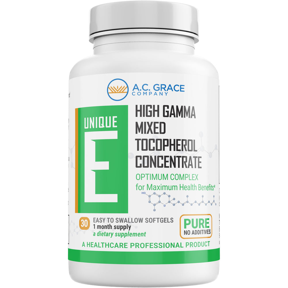 Unique E A.C. Grace mixed tocopherols softgels bottle front supports daily vitamin E intake.