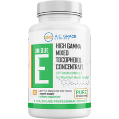 Unique E A.C. Grace mixed tocopherols softgels bottle front supports daily vitamin E intake.