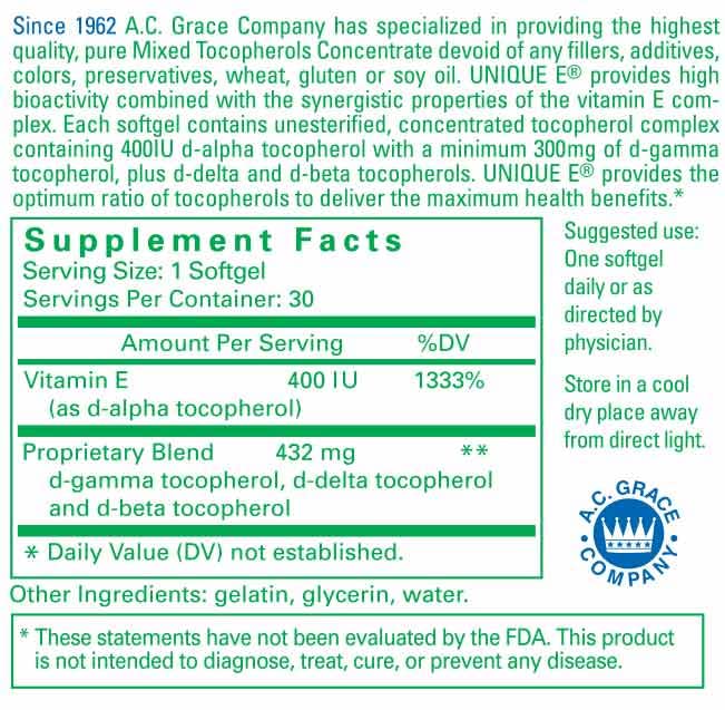 Unique E A.C. Grace mixed tocopherols softgels close-up of easy-to-swallow capsules for daily use.
