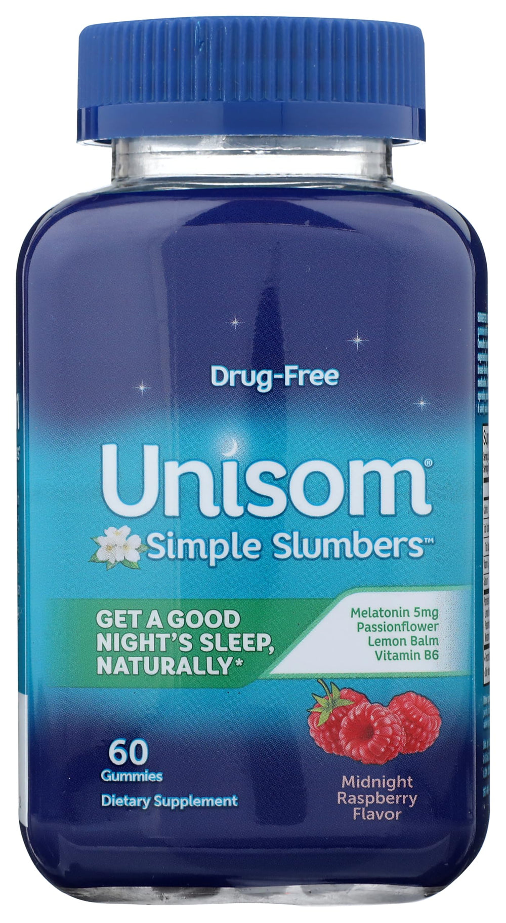 Unisom frasco frontal midnight raspberry mostrando etiqueta clara y beneficio sueño natural