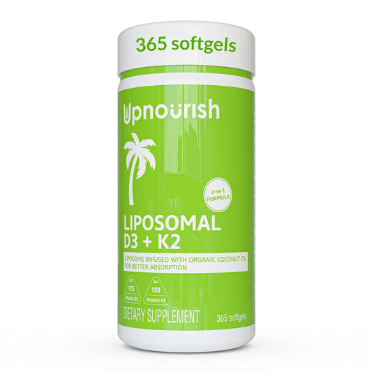 UpNourish Liposomal D3 y K2 MK-7 en botella, posible apoyo a huesos e inmunidad.