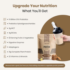 Ingredientes vegetales UpNourish exhibidos y variedad de micronutrientes