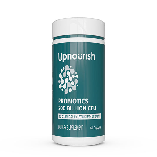 UpNourish Probiotics, botella conteniendo 60 cápsulas, potencia 200 mil millones CFU para digestión