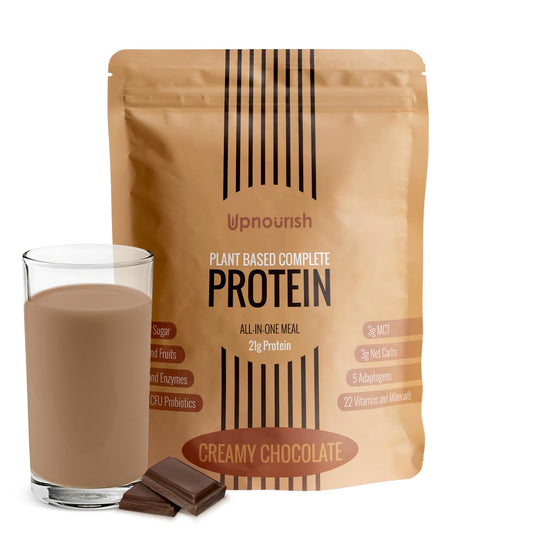 UpNourish proteina chocolate en tarro, perfecto para desayuno rápido.