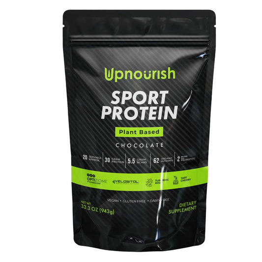 Proteína Deportiva UpNourish Chocolate en porciones, ideal para apoyar el entrenamiento diario.